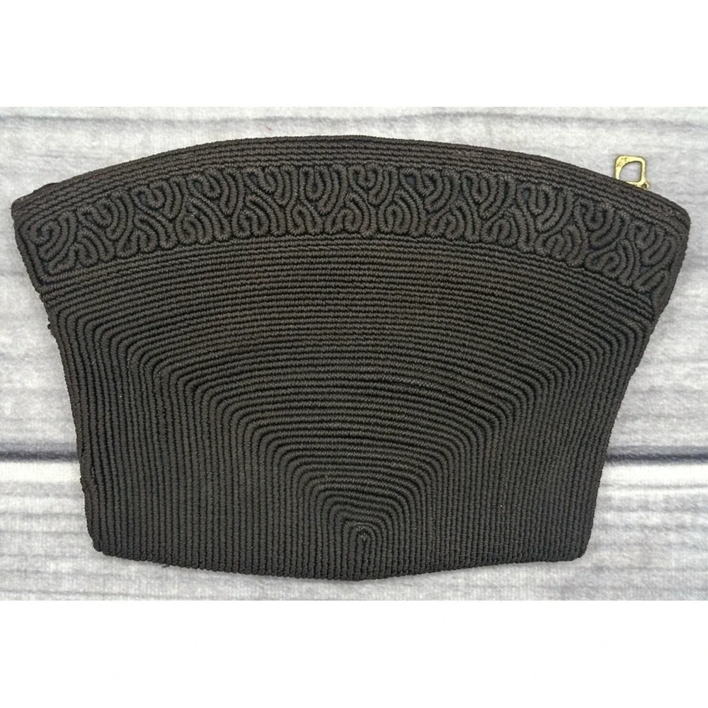 VINTAGE BLACK‎ EMBROIDERED CLUTCH PURSE EVENING BAG     *29